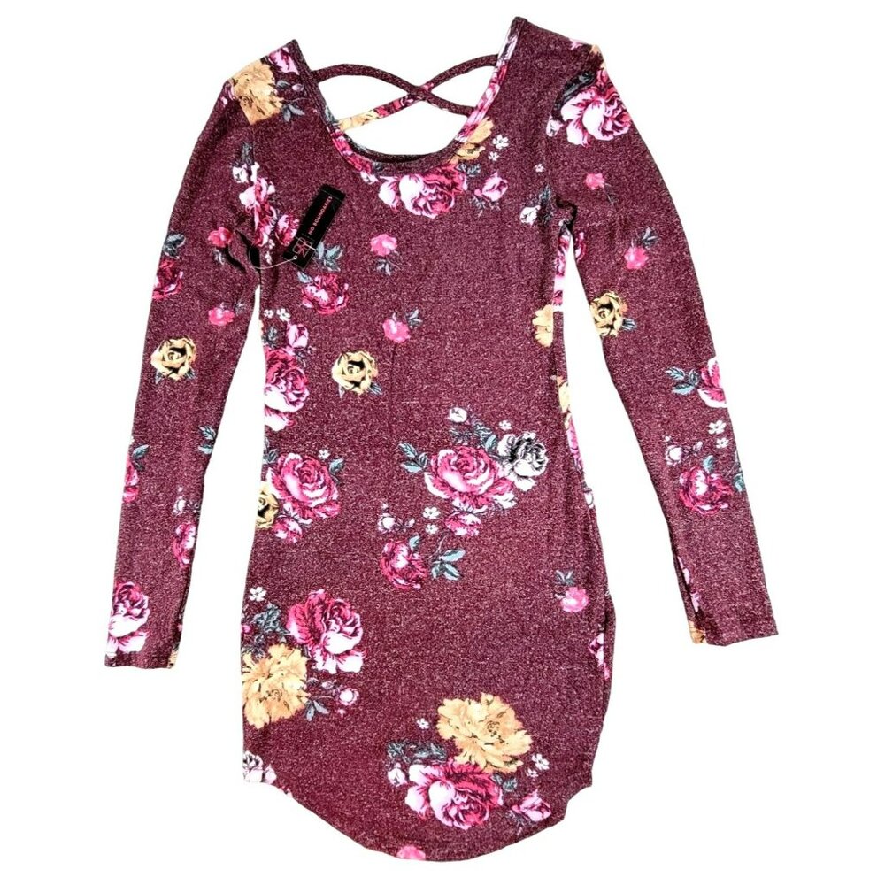 Womens Dress Burgundy Floral Print Knit Strappy Long Sleeve Size XS NWT  JH1297